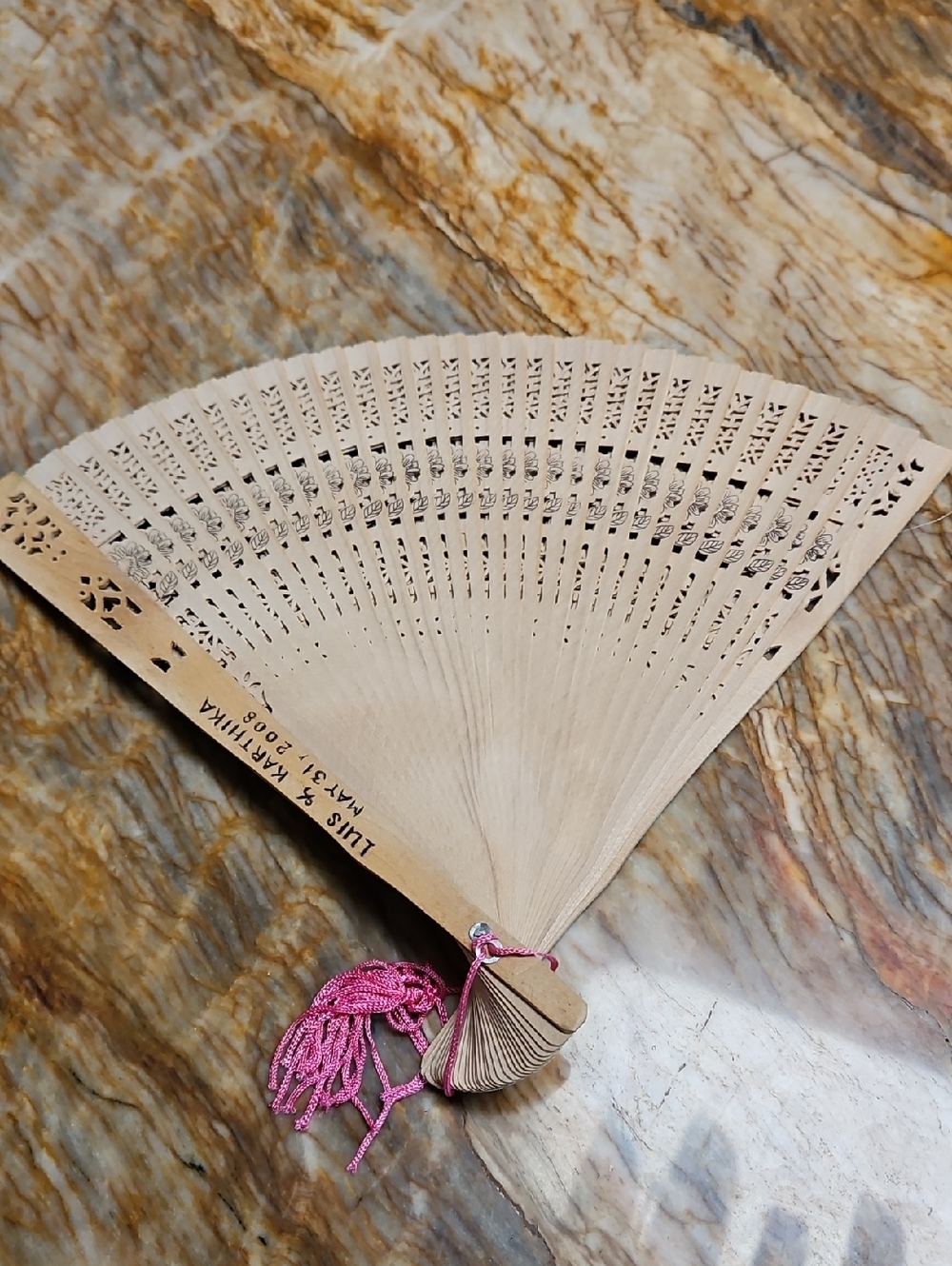 Handheld Carved Wood Folding Fan with Pink Tassel